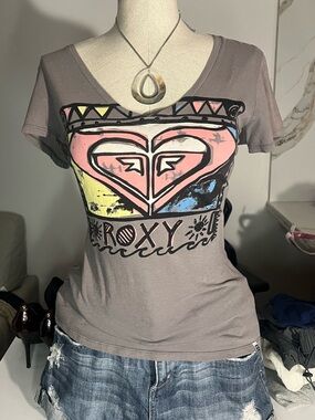 Roxy Gray V-Neck Tee with Multicolor Heart Logo